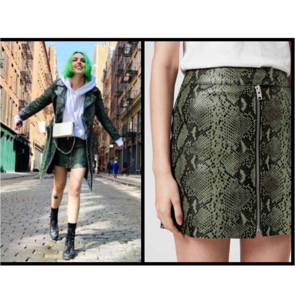 Allsaints Lena Oba Leather Skirt Sz O Snake Green A Line Mini Zip Front FLAWED - Picture 3 of 9